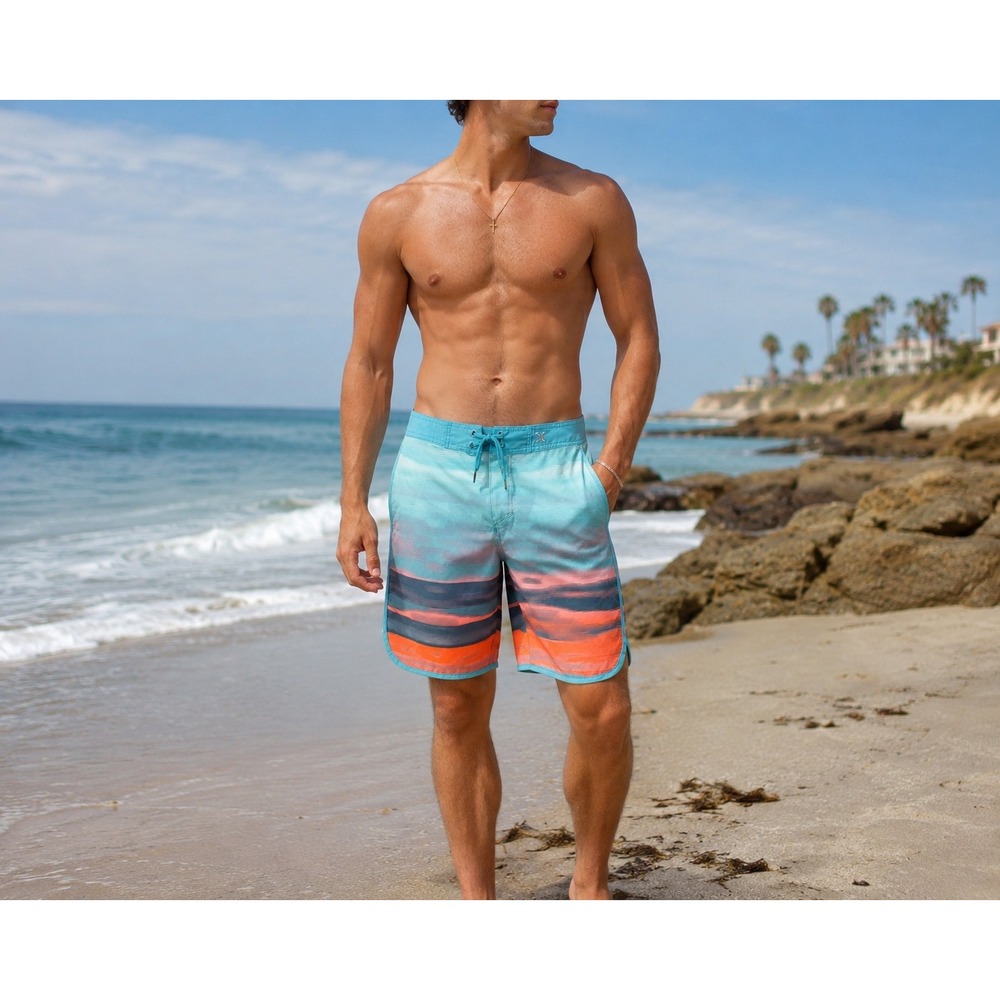 Hurley Phantom Mens 30 Board Shorts Teal Blue Orange Striped Surf Swim Trunks